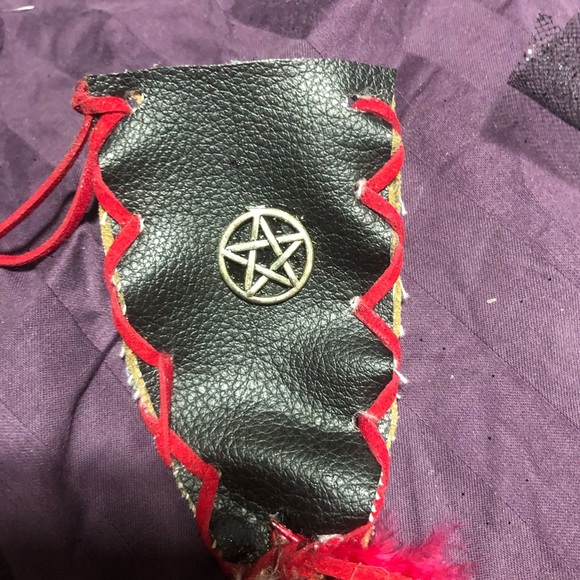 Black Leather Pouch with Red and Feather Accents - Picture 2 of 7